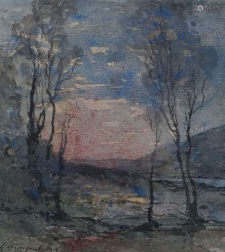 亨利-约瑟夫-哈皮尼耶斯（1819-1916）黄昏景观。水彩和水墨，右下角有...