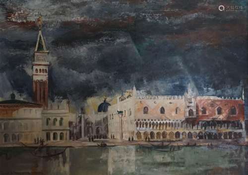 Henri de WAROQUIER(1881-1970).从泻湖上看到的多吉斯宫。布面油画...