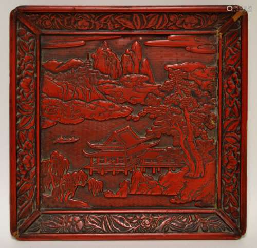 日本-明治时期（1868年-1912年） 长方形的红漆雕花托盘，上面装饰着...