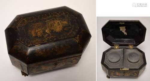 中国，广东 - 19世纪八角形茶叶盒，黑、红、金漆木，饰梯田人物及佛教...