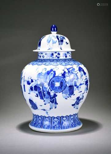 A Chinese blue and white jar and cover, Kangxi six-character...