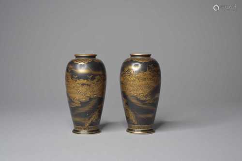 A pair of Japanese Satsuma black-ground vases by Uchida