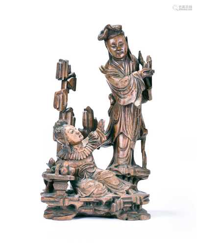 A Chinese carved wood figure group