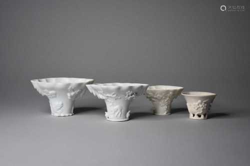 Four Chinese blanc-de-chine porcelain libation cups, Qing Dy...