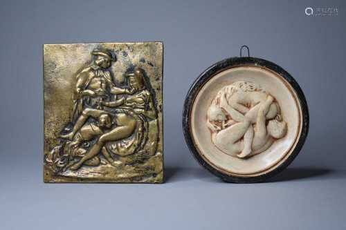 A cast brass erotic plaque and a cast plaster erotic plaque