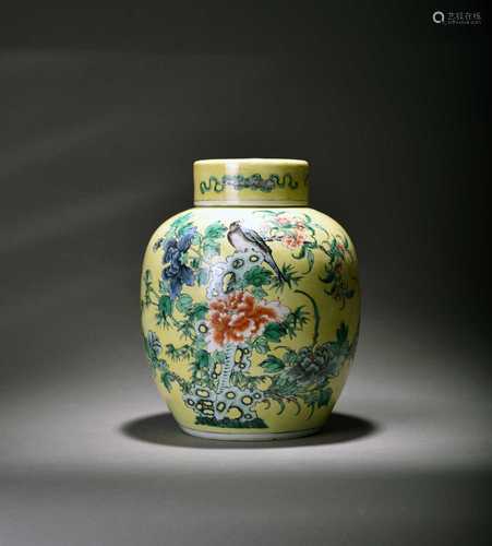 A Chinese yellow-ground famille verte vase