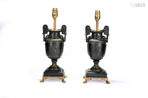 A pair of late 19th century, Regency style, bronze urns, con...