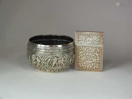 An Indian white metal bowl and card case
