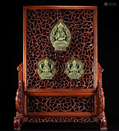 WOOD WITH HETIAN JADE BUDDHA PATTERN TABLE SCREEN