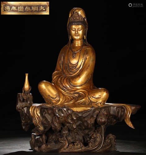 YONGLE MARK GILT BRONZE ZIZAI GUANYIN BUDDHA STATUE