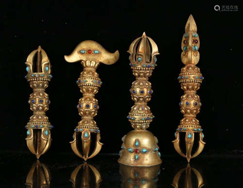 SET OF GILT BRONZE WITH GEM BUDDHISTS