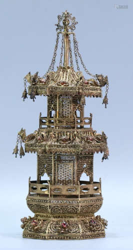 GILT SILVER FILIGREED PAGODA WITH GEM