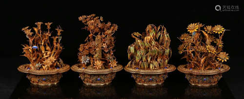 SET OF GILT SILVER ENAMELING BLUE BONSAI