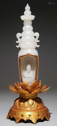 HETIAN JADE GILT SILVER BASE PAGODA