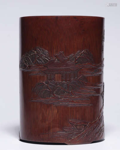 BAMBOO CARVED LANDSCAPE PATTERN BRUSH POT