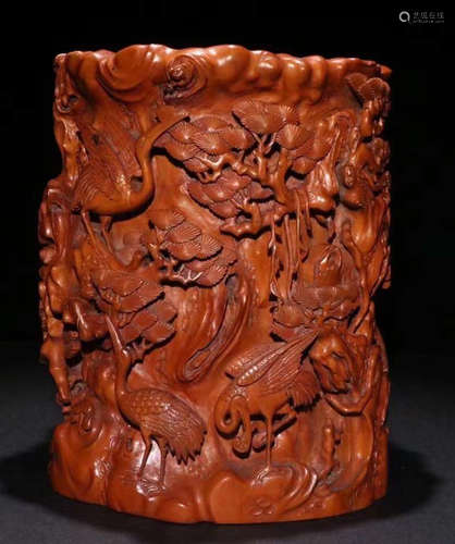 HUANGYANG WOOD CRANE PATTERN BRUSH POT