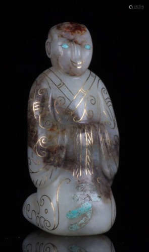 ANTIQUE JADE WITH TURQUOISE FIGURE STATUE