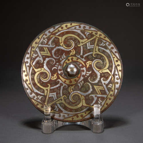 CHINESE BRONZE MIRROR INLAID WITH GOLD AND SILVER, HAN DYNAS...