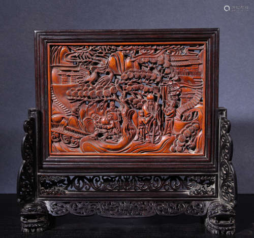 CHINESE QING DYNASTY RED SANDALWOOD WITH BOXWOOD PLAQUE