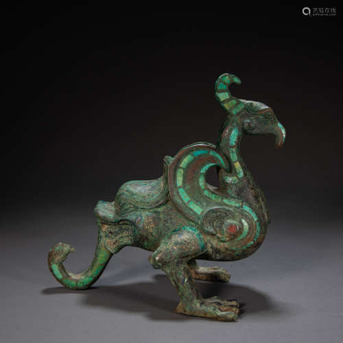 CHINESE BRONZE BIRD INLAID WITH GOLD, WARRING STATES PERIOD