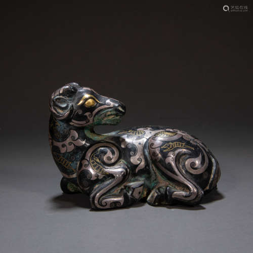 CHINESE BRONZE SHEEP INLAID WITH GOLD AND SILVER, HAN DYNAST...