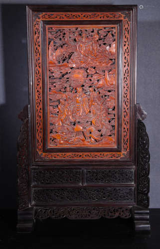 RED SANDALWOOD INLAID WITH BOXWOOD SCREEN, QING DYNASTY, CHI...