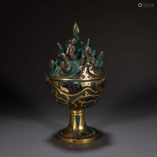 CHINESE HAN DYNASTY  INCENSE BURNER INLAID WITH GOLD