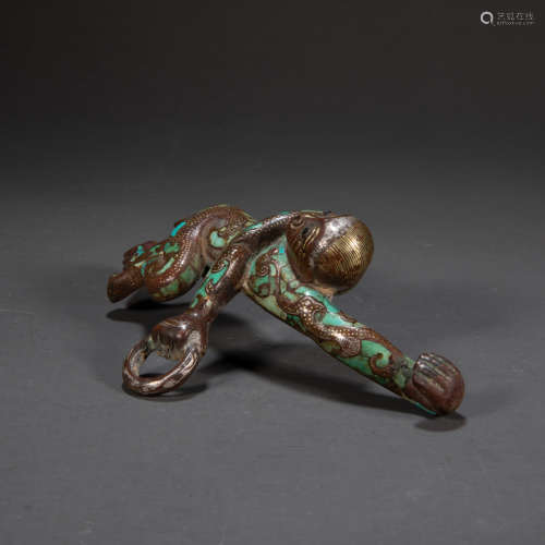 CHINESE BELT HOOK INLAID GOLD AND TURQUOISE, HAN DYNASTY