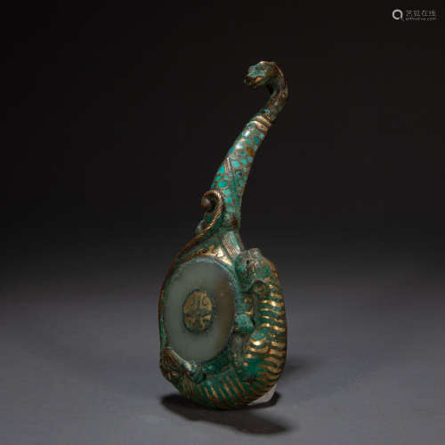CHINESE BELT HOOK INLAID GOLD AND JADE, HAN DYNASTY
