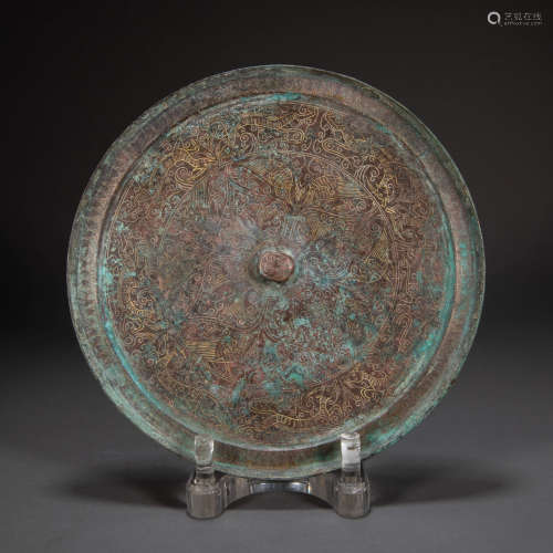 CHINESE BRONZE MIRROR INLAID WITH GOLD, HAN DYNASTY