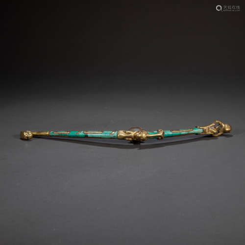 CHINESE BELT HOOK INLAID WITH GOLD AND TURQUOISES, HAN DYNAS...