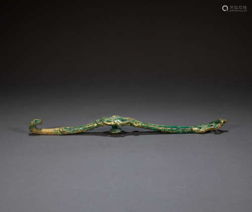 CHINESE GILT BELT HOOK INLAID TURQUOISES, HAN DYNASTY