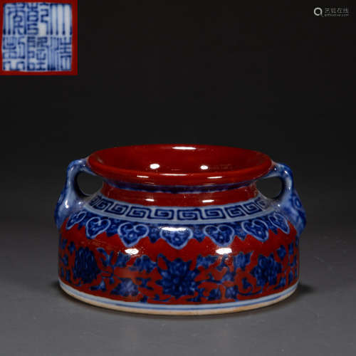 CHINESE QING DYNASTY RED GLAZED DOUBLE HANDLES JAR