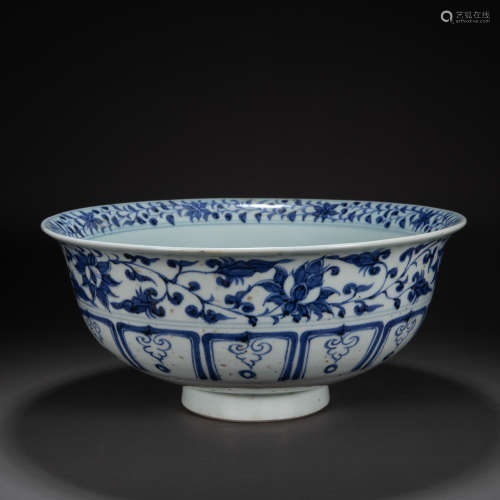 CHINESE LARGE BLUE AND WHITE BOWL, YUAN DYNASTY