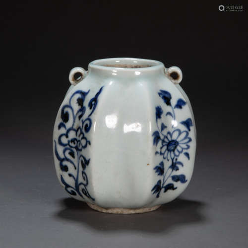 CHINESE BLUE AND WHITE DOUBLE HANDLES POT, YUAN DYNASTY