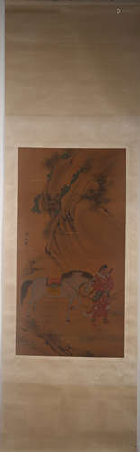 CHENMEI FIGURE HORSE PAINTING HANGING SCROLL