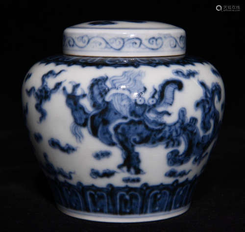 TIAN MARK BLUE&WHITE GLAZE DRAON PATTERN JAR