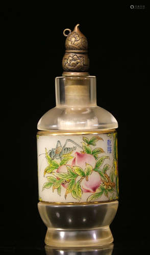 QIANLONG MARK GLASS FRUIT PATTERN SNUFF BOTTLE