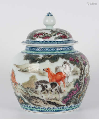 ENAMELED GLAZE HORSE PATTERN TEA JAR