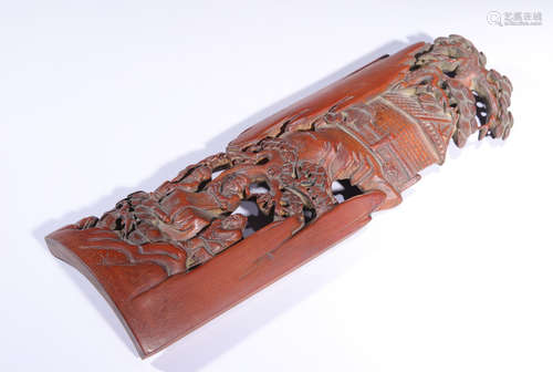 BAMBOO CARVED FIGURE STORY PATTERN ARM REST