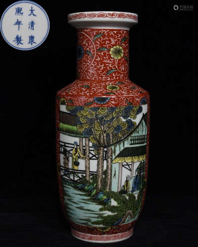 KANGXI MARK FAMILLE ROSE GLAZE FIGURE STORY VASE