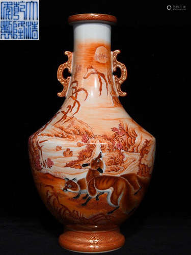 QIANLONG MARK ALUM RED GLAZE FOX PATTERN VASE