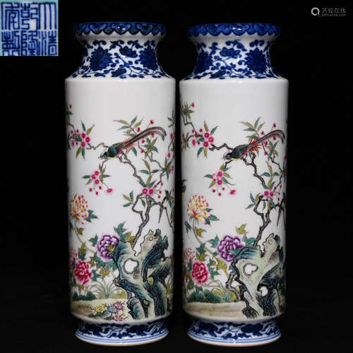 QIANLONG MARK BLUE&WHITE FAMILLE ROSE GLAZE VASE