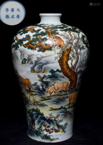 YONGZHENG MARK FAMILLE ROSE GLAZE HORSE PATTERN VASE