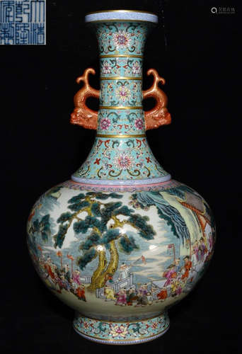 QIANLONG MARK FAMILLE ROSE GLAZE CHILD PATTERN VASE