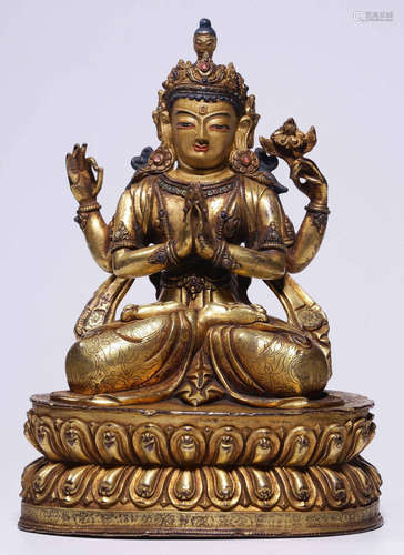 GILT BRONZE GUANYIN BUDDHA STATUE