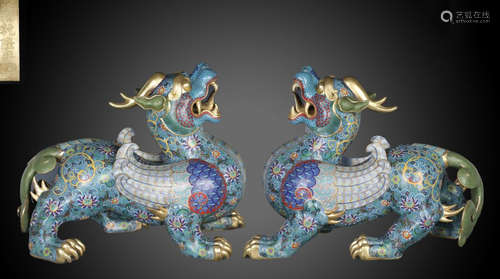 PAIR OF CLOISONNE BEAST ORNAMENTS