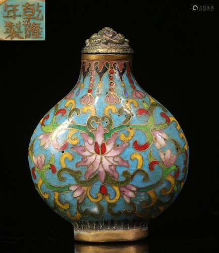 QIANLONG MARK CLOISONNE FLORAL PATTERN SNUFF BOTTLE