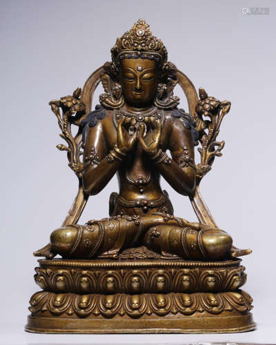 SILVER INLAID BRONZE CAST BUDDHA STATUE