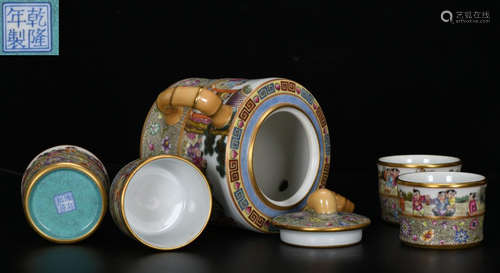 SET OF ENAMELED GLAZE CARVED TEA POT&CUP